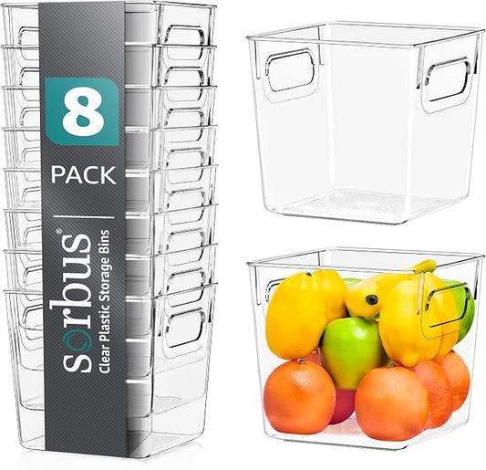 Sorbus Small Clear Plastic Storage Bins for Shelves, Clothes, with Handle - Clear Storage Bins, Drawer, Shelf, Closet, Pantry, Fridge, Freezer Organizer Bins, Closet Organizers and Storage (8 pack) by Sorbus