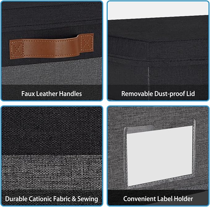 GhvyenntteS Fabric Storage Bins with Lids 3 Pack, Closet Storage Boxes with Lid and 3 Handles, Foldable Storage Baskets with Lids and Label Window for Home Office (Grey&Black, 15" x 11" x 9.7") - Image 4