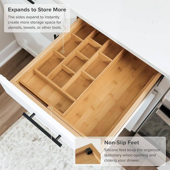 Tea Bag & Coffee Pod Organizer, 9.7-17 in, Bamboo | 10 storage compartments, adjustable wall inserts, non-slip feet, food-safe - Image 6