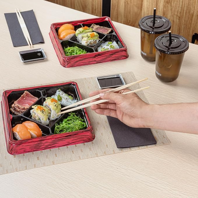 Restaurantware Bento Tek 18.6 Ounce Meal Prep Containers, 100 Disposable To Go Food Boxes - Lids Sold Separately, 5 Compartments, Red And Black Plastic Bento Lunch Boxes, Freezable, For Take Out - Image 5