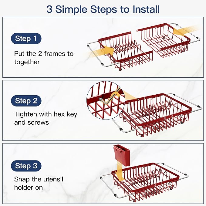 JASIWAY Red Dish Drying Rack Over the Sink with Utensil Holder | Expandable Stainless Steel Dish Driainers for Small Kitchen, Counter Space Saving, Fast Drain, Rust Resistant, For Apartment - Image 8