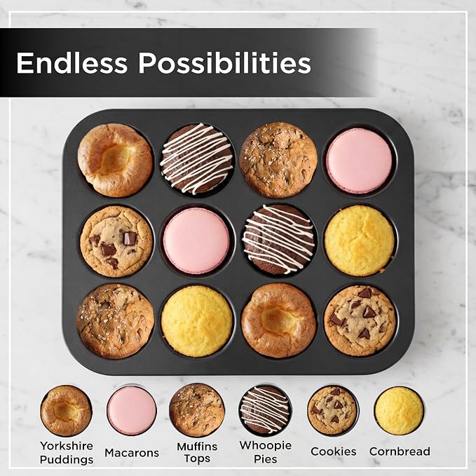 Wrenbury Nonstick Whoopie Pie Pan 12-Cup for Muffin Top - Carbon Steel Shallow Baking Tray for Macarons Cookies Yorkshire Puddings Cornbread & Burger Buns - Image 3