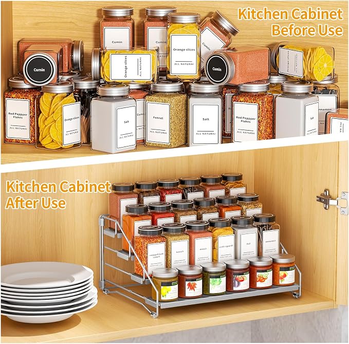 BOIVSHI Spice Rack, Depth Adjustable Spice Organizer for Cabinet, Gray | 4 Tier Spice Rack Organizer for Countertop, Metal Space-saving for Pantry, Seasoning Organizer No-screw Assembly, 1 Pack - Image 3