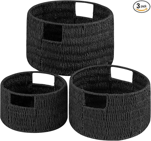 Wicker Storage Basket, Hand-Woven Paper Rope Large Round Woven Basket With Handles, Wicker Baskets for Organizing/Storage, Black, 3-Pack by Vagusicc