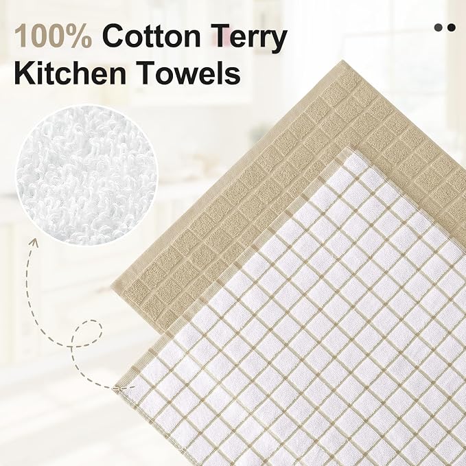 Homaxy Large Premium Cotton Kitchen Towels 16"x 28", 8 Pack, Tan | Natural Ring Spun 390 GSM Dish Towels, Super Absorbent Terry Kitchen Hand Towels, Soft Tea Towels with Hanging Loop - Image 2