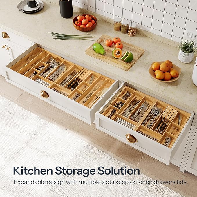 HOOBRO Large Silverware Organizer Kitchen Drawer Organizer, Magnetic Connected Expandable Utensil Organizer From 22.8 to 35.4 Inches, Bamboo 16 Slots Cutlery Tray with Knife Holder, Natural YL07TL01 - Image 3