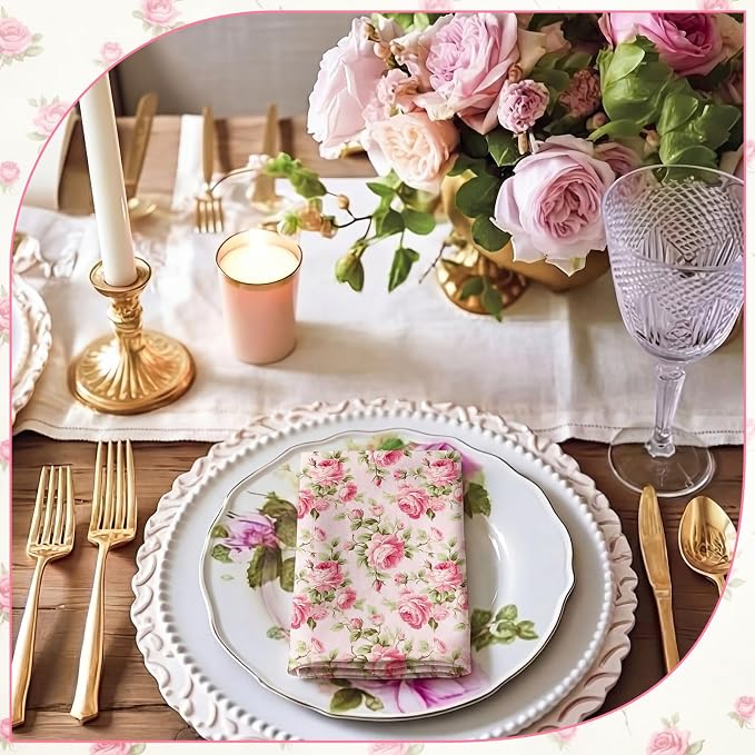 24 Pcs Floral Cloth Napkins 6 Patterns Washable Dinner Tea Party Napkins Reusable Plant Flowers Square Napkin Cotton Towel Decorative for Summer Wildflower Party(Pink Rose) - Image 5