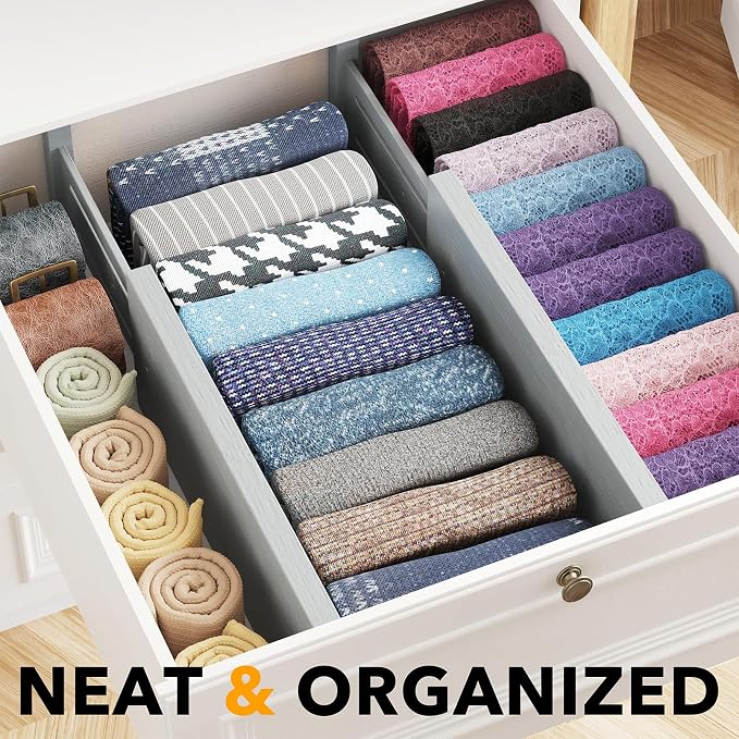 SpaceAid Bamboo 4 Pack Dresser Drawer Dividers, 4.65“ High Adjustable 12.5“-17” Drawer Organizers, Expandable Organization for Clothing, Clothes, Dressers, Gray - Image 2