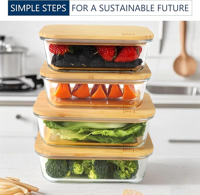 DE Glass Food Storage Containers with Bamboo Lids, (4, Pack 2 x 35oz & 2 x 51oz) Pack Meal Prep Glass Containers Safe for Microwave, Oven, Freezer and Dishwasher, BPA Free - Image 7