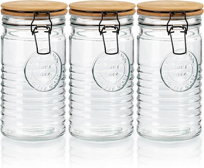 Glass Storage Containers with Airtight Lids - 40 Ounce Mason Jar Storage Containers for Cereal, Coffee & Rice - Pantry Organizing Canister Set of 3 for Kitchen by KITCHENTOOLZ