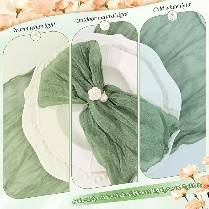 100 Pack Sage Green Cheesecloth Napkins 20"x20" Boho Washable Cloth Napkins Set of 100 Wrinkled Cheese Cloth Napkins Gauze Dinner Table Napkin for Wedding Party Baby Shower Birthday Decor - Image 7