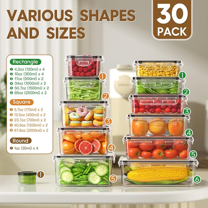 KEMETHY 60 PCS Food Storage Containers with Lids Airtight, Total 737oz, BPA-free, Food-grade, Eco-friendly Material, Leak Proof Plastic Containers, Microwave/Dishwasher Safe - Image 2