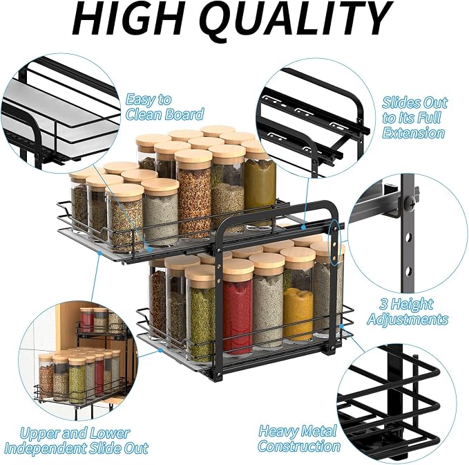 BOIVSHI Spice Rack, Pull Out Spice Racks Organizer for Cabinet, Height Adjustable Heavy Duty Metal Basket for Inside Cabinets & Pantry Closet (2 Tier,7.5''Wx10.5''Dx9.5''H) - Image 4