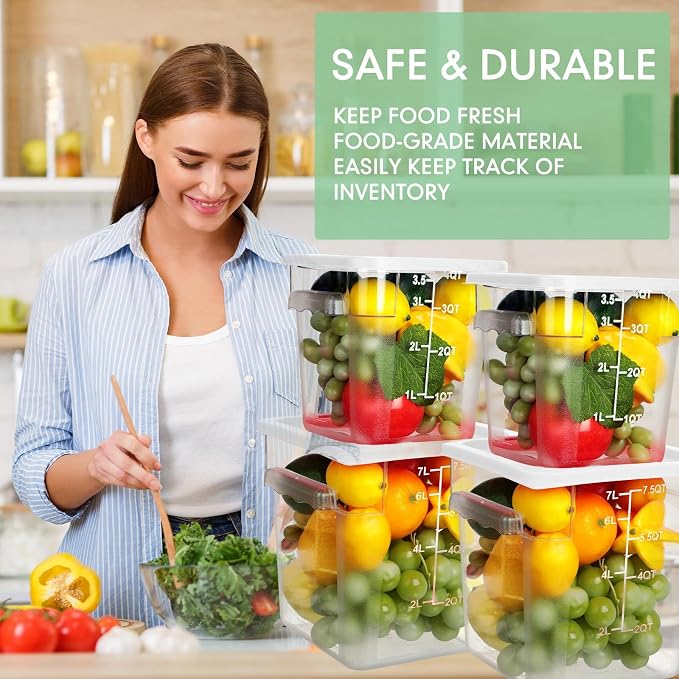 Lallisa 4 Pcs 8qt & 4qt Clear Food Storage Containers with Lids Handles and Scales, Stackable Plastic Square Food Storage Containers for Dough Proofing Baking Kitchen Restaurant(White) - Image 4