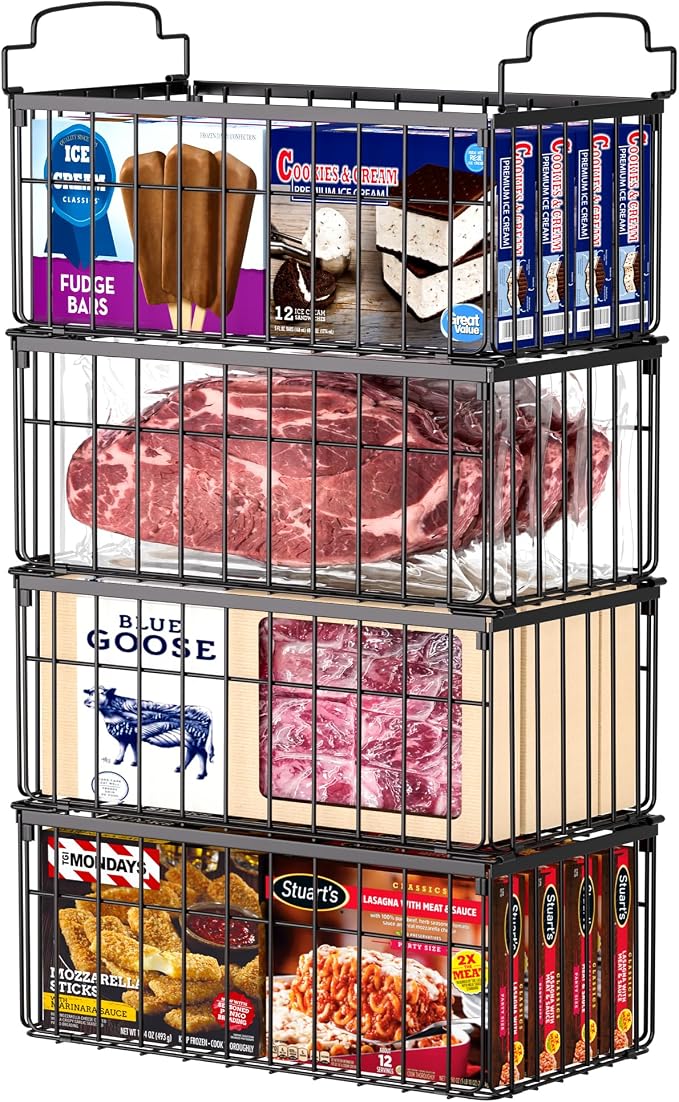 Freezer Organizer Bins, 4 Pack Big Baskets for 5/ 7 Cu.FT Deep Freezer | Stackable Chest Freezer Organizer Bins, Foldable Baskets with Handles, Black Storage Container Baskets for Sort Frozen Meats by MSERCUOR