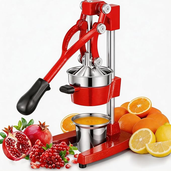 Commercial Heavy Duty Cast Iron Hand Press Manual Orange Citrus Lemon Lime Grapefruit Pomegranate Fruit Juice Squeezer Machine with Stainless Steel Cup Red by Gowintech