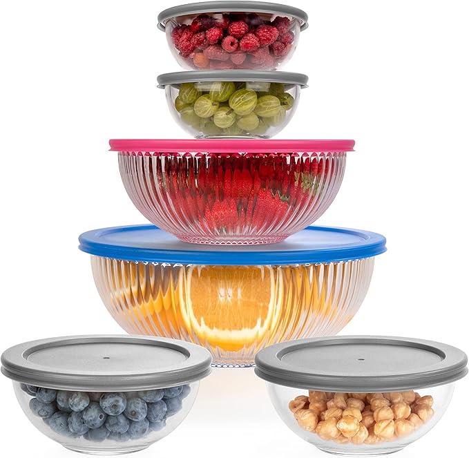 Set of 6 Stackable Space-Saving Nesting Glass Bowls with BPA Free Lids for Foodprep, Storage, Baking, Mixing & Cooking, Microwave Safe - Durable Inert Borosilicate Glass by Dokaworld