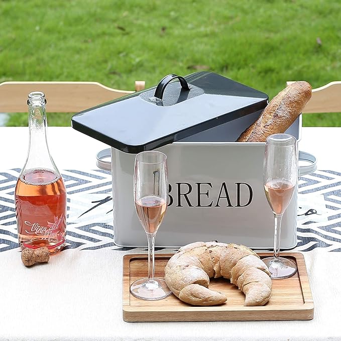 SOTECH Metal Bread Box with Lid for Kitchen Countertop Large Bread Bin kitchen Bread Food Snacks Storage Container Farmhouse BreadBox Grey Lid White Body with Side Handles - Image 5
