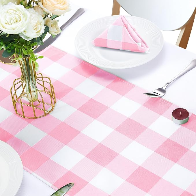 Cupuamon Fabric Checkered Table Runner 6 Pack Waterproof Gingham Table Runner 14W x 108L Buffalo Check Table Runners for Parties Kitchen Dining Wedding Banquet (Pink and White) - Image 5