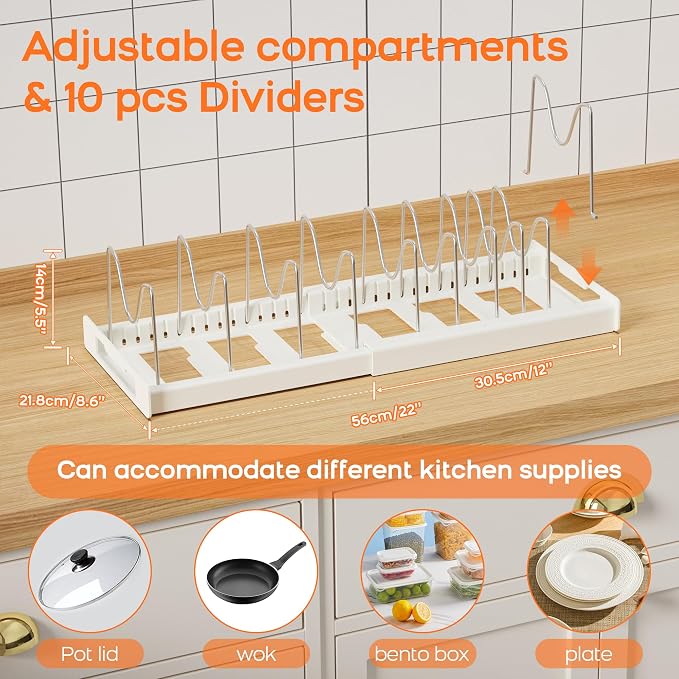 Nigelia 2 Pack Pots and Pans Organizer for Under Cabinet, 22" Expandable Food Storage Container Lid Organizers with 10 Adjustable Dividers Pot Lid Holders Rack Inside Cabinet&Kitchen Countertop(White) - Image 5