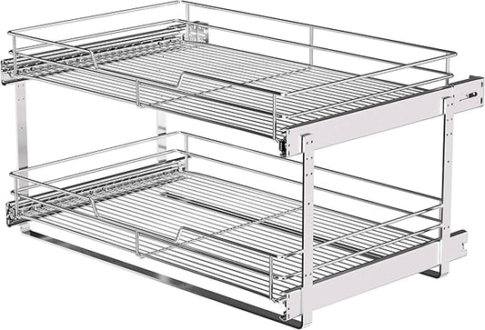 2-Tier Pull Out Cabinet Organizer, 26" W x 22" D, Chrome | Heavy-Gauge Wire Slide Out Shelves, 100 lbs Capacity, Ball-Bearing Glides, Min 27" Opening, Under Stove Storage by JOWBOOW