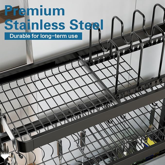 LIVOD Over The Sink Dish Drying Rack,3 Tier Adjustable Length Full Stainless Steel Large Storage Kitchen Dish Rack,for Kitchen Counter Expandable Multifunctional Organizers,Silver (25.5'' to 37.6'') - Image 4