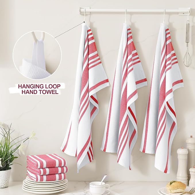 Homaxy Premium Cotton Stripe Kitchen Towels 3 Pack, 18"x 28", Red | Large 380 GSM Kitchen Hand Towels, Soft Terry Dish Towels, Highly Absorbent Tea Towel Set with Hanging Loop - Image 3