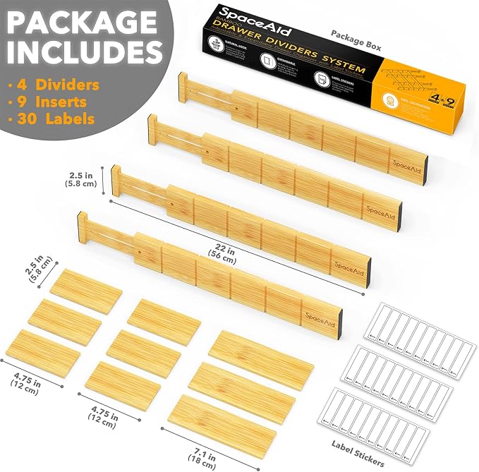 SpaceAid Bamboo Drawer Organizers with Labels, 4 Dividers with 9 Inserts (17-22 in), 6 Dividers with 12 Inserts (17-22 in) - Image 3