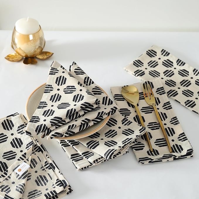 Taran Geometric Beige Print Cotton Dinner Napkins Set of 12 | 18x18 Inches | 100% Natural, Reusable Linens for Dinner, Events, Weddings by TARANLIVING