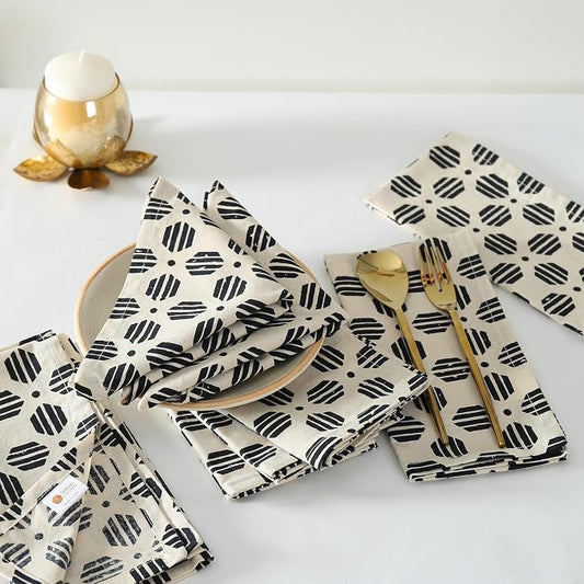 Taran Geometric Beige Print Cotton Dinner Napkins Set of 12 | 18x18 Inches | 100% Natural, Reusable Linens for Dinner, Events, Weddings by TARANLIVING