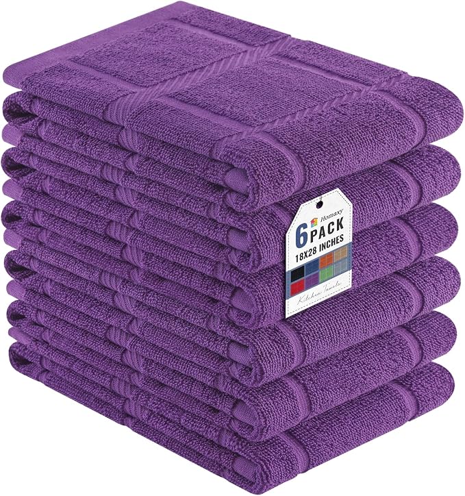 Homaxy 100% Cotton Kitchen Towels 18"x28", 6 Pack Dish Towels, Purple | Large 380 GSM Soft and Absorbent Kitchen Hand Towels with Terry Grid Design, Utility Tea Towel Set with Hanging Loop by Homaxy