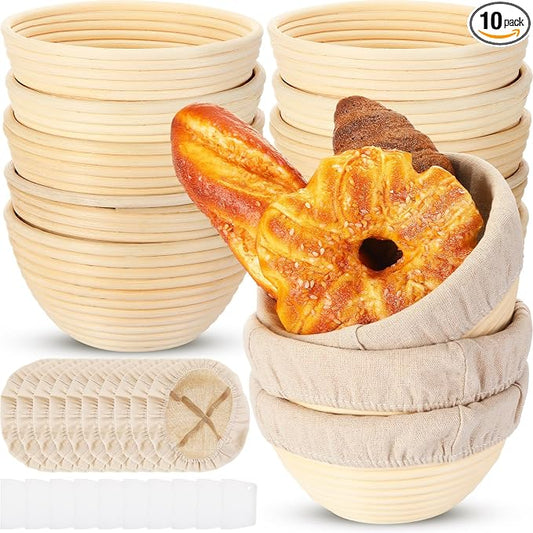 Irenare 10 Pcs Bread Banneton Proofing Basket Round Dough Sourdough Proofing Basket Rattan Bakery Baking Bread Bowl with Liner and Scraper Tool Set for Starter Gifts Professional Home Bakers (7 Inch) by Irenare