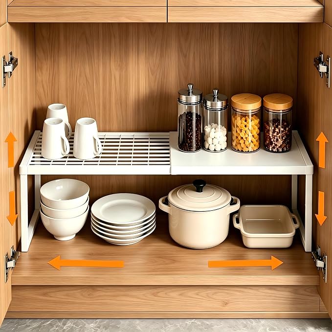 Cabinet Shelf, 1 Pack Stackable Shelf for Kitchen Storage | Expandable & Height Adjustable Cabinet Organizer Shelf | Metal Shelf Organizer | White Spice Rack for Pantry Storage by HOFUSUSER