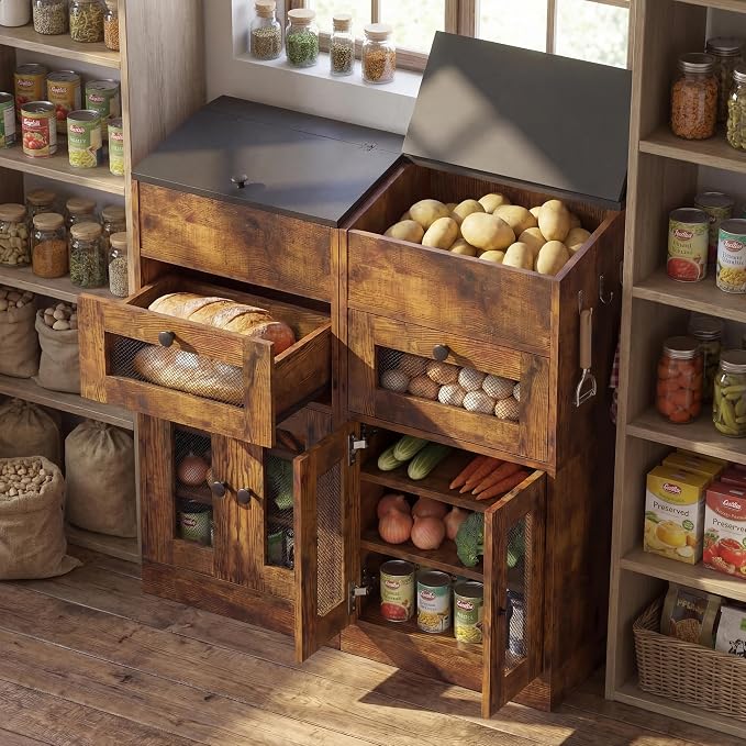 Potato and Onion Storage Bin with Lid, Large Potato Bin with Drawer, Multi-Compartment Wooden Fruit & Vegetable Cabinet with Mesh Doors, Rustic Kitchen Organizer for Pantry (16.9") - Image 4