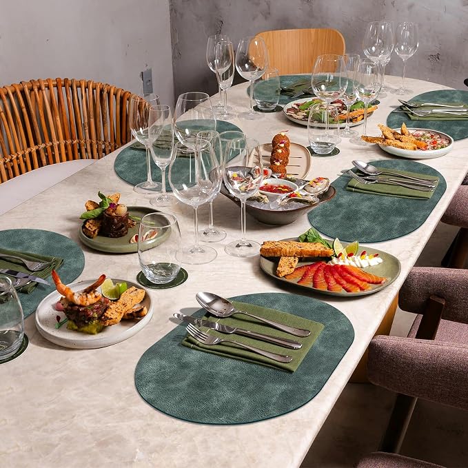 ADRIMER Placemats, Heat Resistant Oval Placemats Set of 6 Washable 12 x 17 Inch, Waterproof Table Mats, Wipeable Pu Place Mats for Kitchen, Dining Room, Blue & Green - Image 5