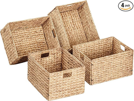 Extra Large Water Hyacinth Wicker Storage Baskets, Set of 4 | Rectangular, 16.1"x12.6"x9.5", Iron Wire Frame, Natural by eHemco
