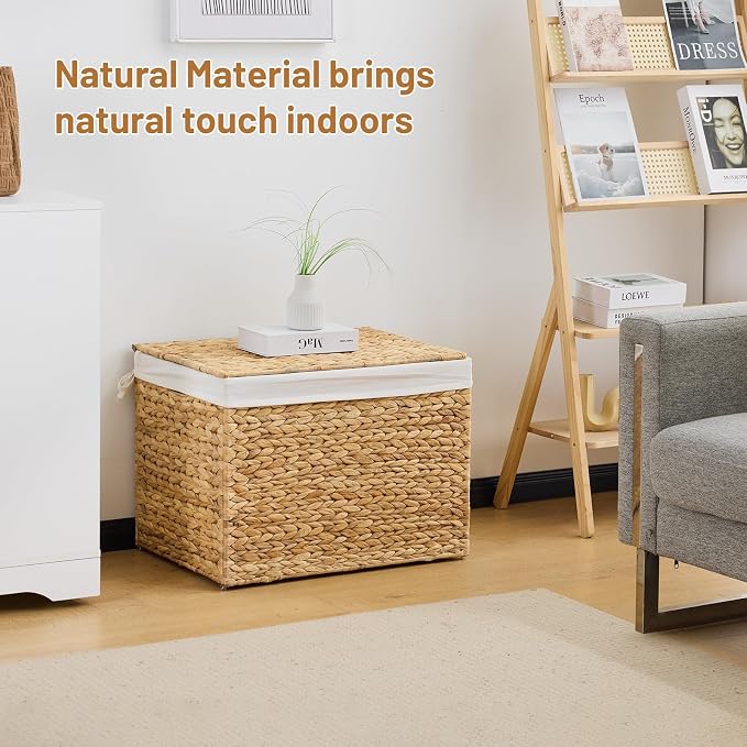 Water Hyacinth Storage Basket with Lid, 31.7 Gallon (120L) Wicker Shelf Basket with Removable Liner, Wicker Storage Basket for Blanket, for Livingroom, Bedroom, Natural - Image 5