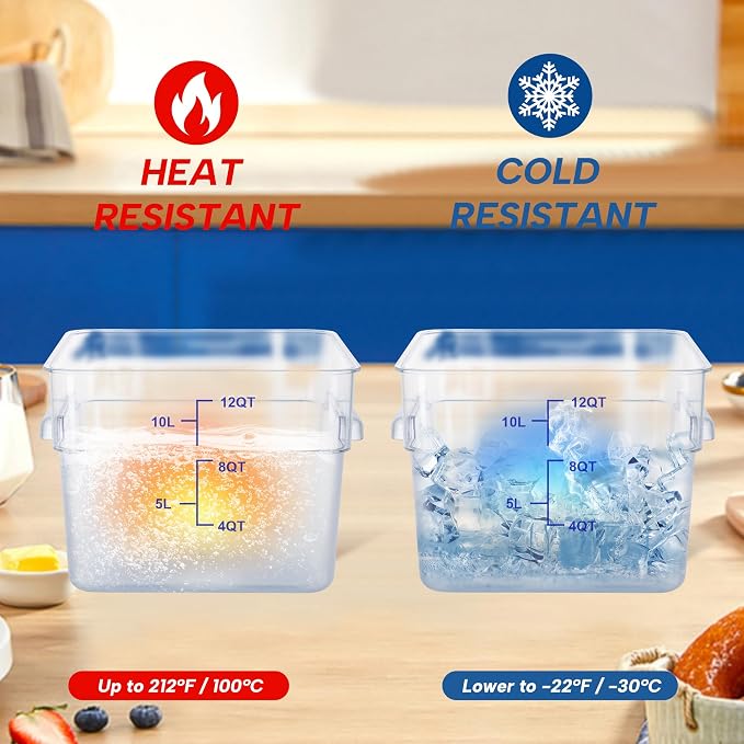 4 Pack 12QT Square Food Storage Containers with Lids | Clear NSF polycarbonate containers with scale, label and measuring cup, stackable for prep, storage, freezer. Dishwasher safe - Image 5