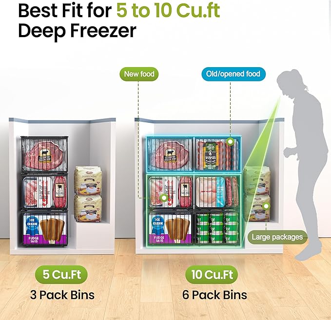 Freezer Organizer Bins, 6 Pack Enlarged Baskets for 5-9 Cu.FT Deep Freezer | Stackable Chest Freezer Organizer Bins, Foldable with Handles, Black Storage Container Baskets for Sort Frozen Meats - Image 3