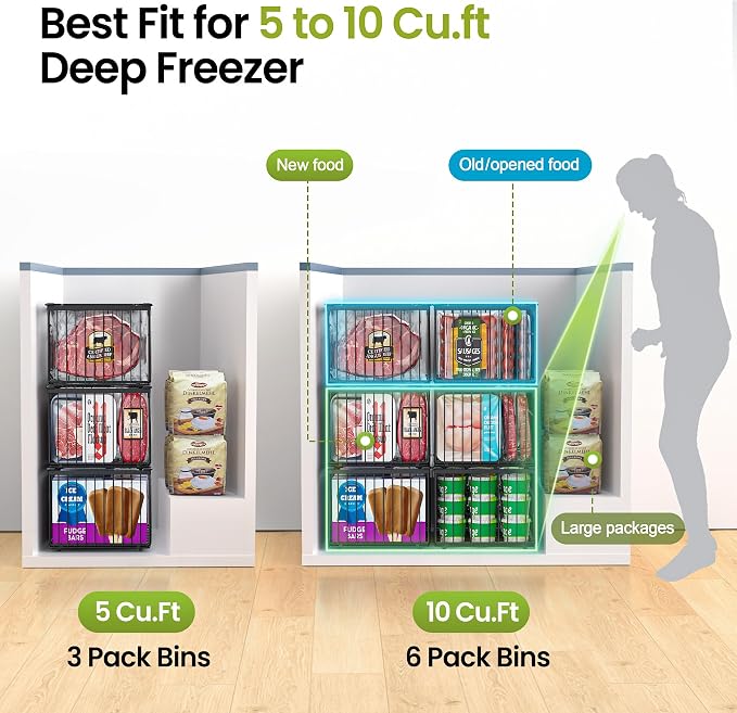 Freezer Organizer Bins, 3 Pack Enlarged Baskets for 5-9 Cu.FT Deep Freezer | Stackable Chest Freezer Organizer Bins, Foldable with Handles, Black Storage Container Baskets for Sort Frozen Meats - Image 3