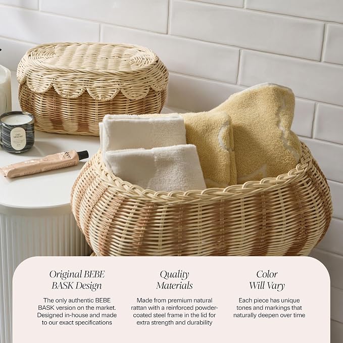 BEBE BASK The Original Scalloped Basket with Lid - Set of 2 (15x11x6 In) | Award Winner, Hand-Woven Rattan Scalloped Wicker Basket with Lid, Storage Baskets with Lids for Organizing, Scallop Basket - Image 5