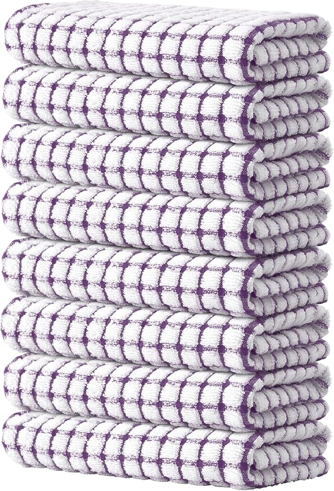 Kitinjoy Cotton 8 Pack Terry Kitchen Towels, Purple | 16 x 25 Inches Super Soft and Absorbent Dish Towels, Quick Drying hand towels for kitchen Drying by Kitinjoy