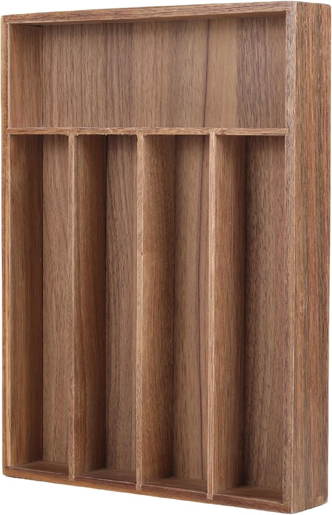 Acacia Wood Silverware Drawer Organizer, 5-Compartment Cutlery Tray | Fixed 10.08 x 13.78 x 1.97 in acacia wood tray with 5 compartments, reinforced base, and four anti-slip corner pads by Unknown
