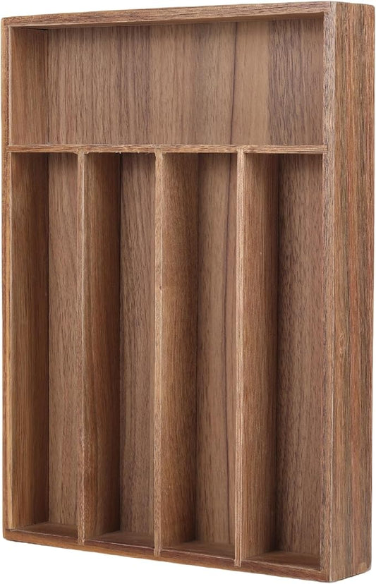 Acacia Wood Silverware Drawer Organizer, 5-Compartment Cutlery Tray | Fixed 10.08 x 13.78 x 1.97 in acacia wood tray with 5 compartments, reinforced base, and four anti-slip corner pads by Unknown