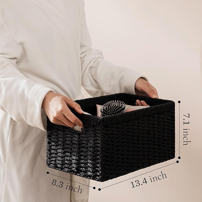 UBBCARE 3 Pack Wicker Basket, 13.4L×8.3H×7.1W inch Woven Paper Rope Storage Baskets for Shelves, Foldable Rectangular Storage Baskets with Handle, Storage Basket for Organizing, Black - Image 3