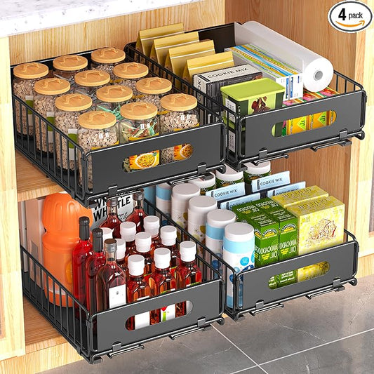 4 Pack Pull Out Cabinet Organizer, Heavy Duty Slide Out Drawer with No Drill Adhesive or Screw Mount, Carbon Steel Roll Out Shelf for Kitchen Cabinet, Pantry & Bathroom Storage by NECHEGI