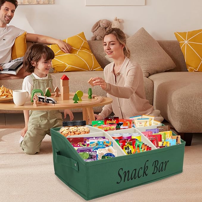 Snack Organizer for Countertop, Fabric Snack Bar Station with Handles, 6 Compartment Container, Kitchen Pantry Storage and Organizer, Green - Image 3