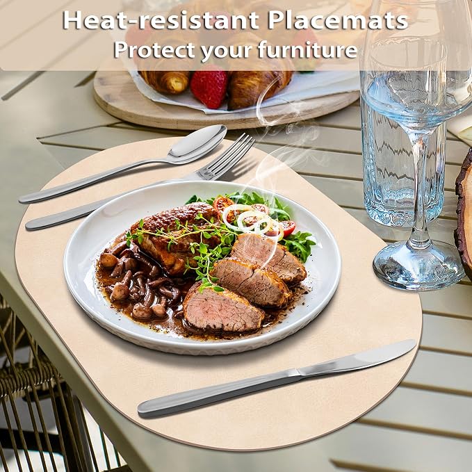 ADRIMER Placemats, Heat Resistant Oval Placemats Set of 4 Washable 12 x 17 Inch, Waterproof Table Mats, Wipeable Pu Place Mats for Kitchen, Dining Room, Beige - Image 2