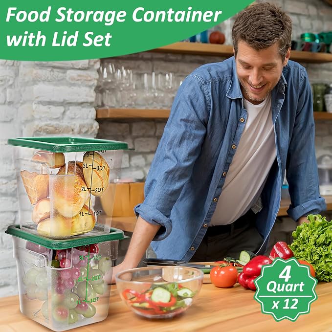 Yungyan 12 Pcs 4 Qt Commercial Food Storage Containers with Lids Restaurant Square Airtight Food Storage Containers Clear Cereal Containers for Kitchen Freezer Dishwasher Pantry(Green Lid) - Image 5