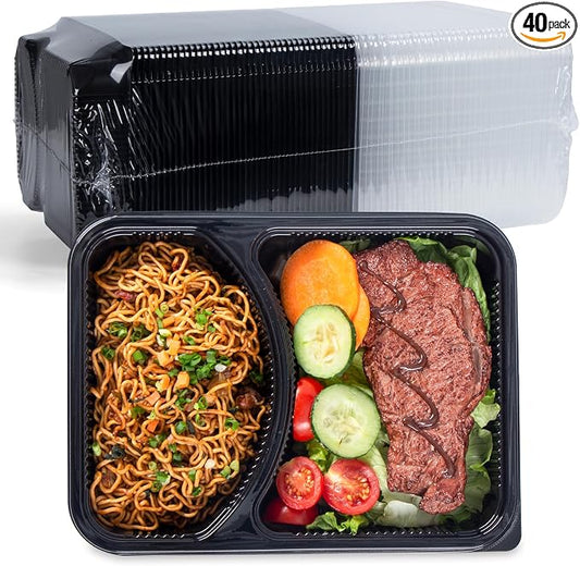 YANGRUI Meal Prep Containers 40 Pack 41 oz - Shrink-Wrapped No Pre-Wash | 2 Compartment Leak-Resistant Bento Box | BPA Free Shatterproof PP | Microwave Safe To-Go Food Storage for Leftovers & Parties by YANGRUI